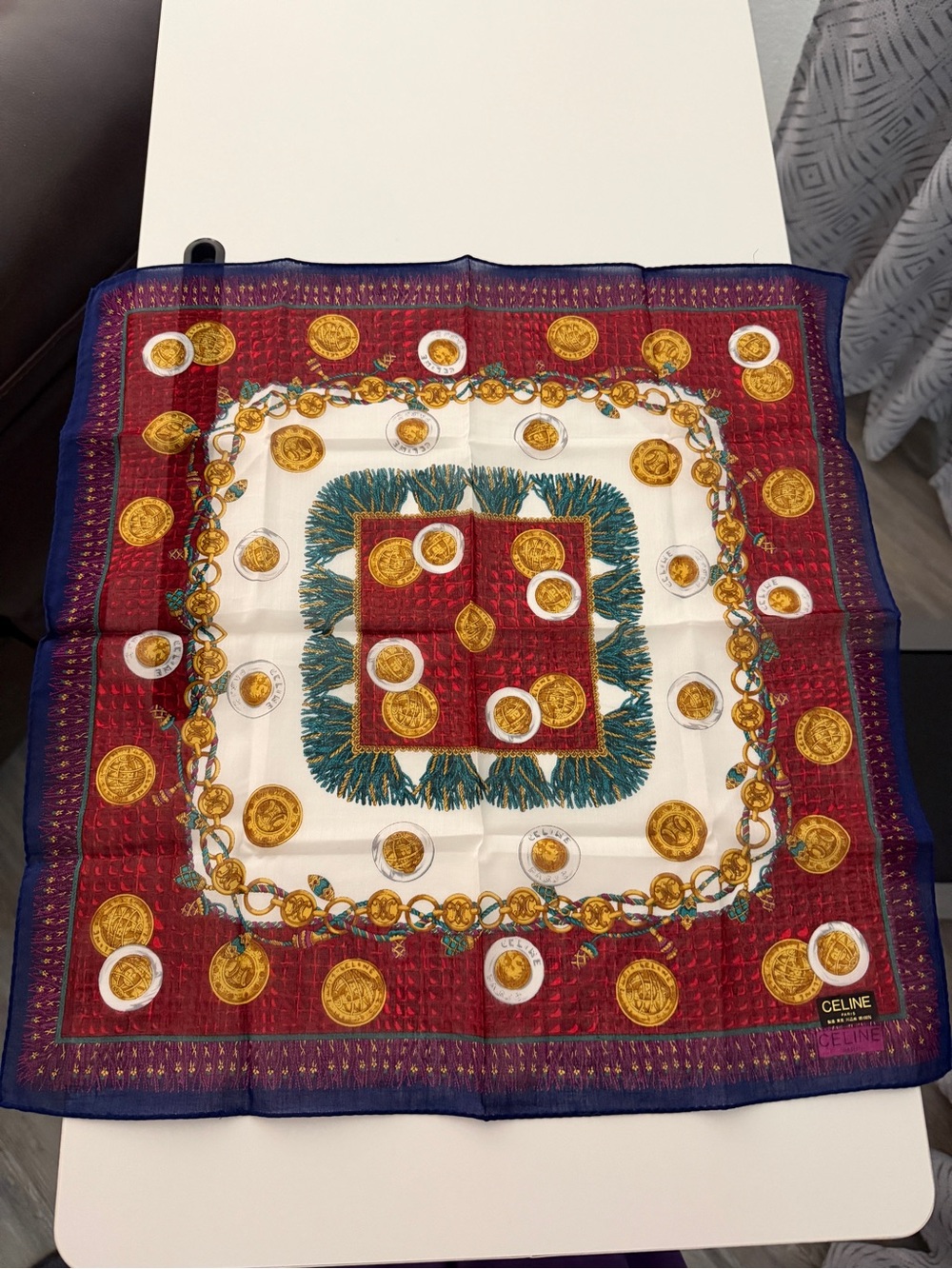Vintage Celine Paris Cotton Scarf – Coin & Chain Medallion Print